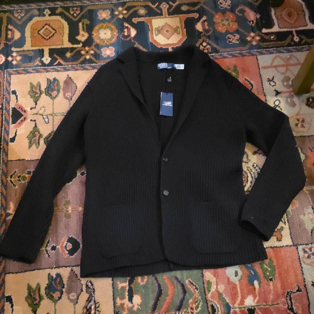 Ralph Lauren Blue Ribbed Cardigan Sweater.